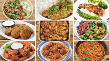 A collage of nine different dishes featuring diverse cuisines. Top row: beef stir-fry, curry with rice, grilled fish with asparagus and broccoli. Middle row: falafel with dipping sauce, chicken stir-fry, vegetable stir-fry with rice. Bottom row: wings with vegetables and dip, spaghetti with meatballs, penne pasta in tomato sauce.