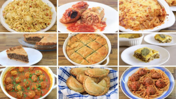 A collage of nine images featuring different dishes: rice pilaf, stuffed cabbage rolls, spaghetti casserole, an unknown pie, baklava, a savory layered dish, meatball stew, empanadas, and spaghetti with meatballs.