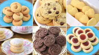 A collage of six different types of cookies. The top row features almond cookies, chocolate chip cookies, and heart-shaped cookies. The bottom row showcases powdered sugar sandwich cookies, chocolate swirl cookies, and thumbprint cookies with jam.