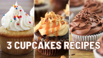 Image of three different cupcakes, each with unique frosting and toppings, lined up side by side. The first cupcake has white frosting with colorful sprinkles, the second has caramel and nuts over a brown frosting, and the third has chocolate frosting with chocolate sprinkles. The text "3 CUPCAKES RECIPES" is overlaid at the bottom.