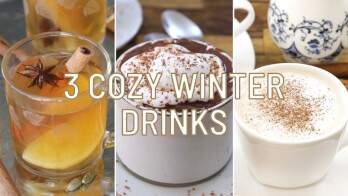 Image is a collage showcasing three different hot beverages under the text "3 Cozy Winter Drinks." The first drink is a spiced tea garnished with a cinnamon stick and star anise, the second is hot chocolate topped with whipped cream, and the third is a frothy latte sprinkled with cinnamon.