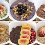 A photo collage of six oatmeal bowls with various toppings. The top row features oatmeal with pomegranate seeds, blueberries and walnuts, and banana slices with a chocolate base. The bottom row shows oatmeal with banana slices, fresh figs and pomegranate, and apple slices.