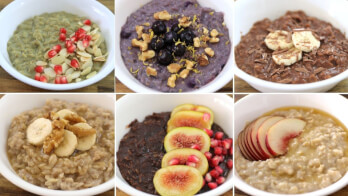 A photo collage of six oatmeal bowls with various toppings. The top row features oatmeal with pomegranate seeds, blueberries and walnuts, and banana slices with a chocolate base. The bottom row shows oatmeal with banana slices, fresh figs and pomegranate, and apple slices.