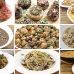 A collage of nine dishes based on mushrooms, including stuffed mushrooms, mushroom pasta, mushroom soup, and a mushroom casserole, each garnished with herbs. The dishes are arranged in a 3x3 grid on a wooden table.