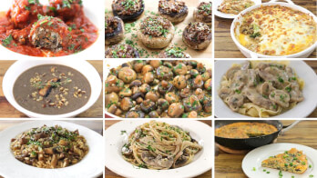 A collage of nine dishes based on mushrooms, including stuffed mushrooms, mushroom pasta, mushroom soup, and a mushroom casserole, each garnished with herbs. The dishes are arranged in a 3x3 grid on a wooden table.