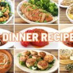 A collage showcases a variety of dinner dishes, including meatballs, stuffed peppers, creamy casseroles, and vibrant vegetable meals. Centered text reads "55 Dinner Recipes" in bold, orange letters. The dishes are displayed on different plates, highlighting diverse cuisines.