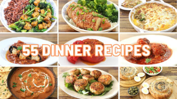 A collage showcases a variety of dinner dishes, including meatballs, stuffed peppers, creamy casseroles, and vibrant vegetable meals. Centered text reads "55 Dinner Recipes" in bold, orange letters. The dishes are displayed on different plates, highlighting diverse cuisines.