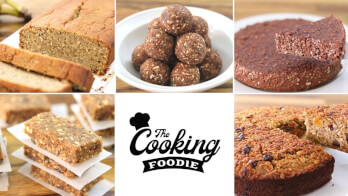 A collage of 6 images featuring various baked goods. The top left shows a sliced loaf, the top middle shows round energy balls, and the top right shows a chocolate cake. The bottom left depicts stacked granola bars, the bottom middle contains "The Cooking Foodie" logo, and the bottom right shows a slice of oat cake.