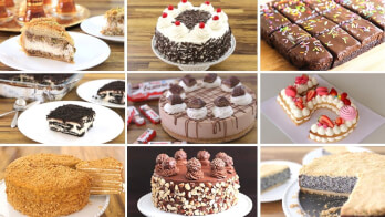 A 3x3 grid featuring various cakes and pastries. The images include slices and whole cakes with diverse decorations such as fruits, chocolate, sprinkles, nuts, and whipped cream. The cakes are displayed on white plates and wooden surfaces.