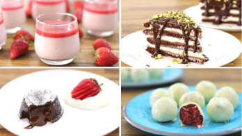 A collage of four dessert images: top left shows strawberry panna cotta with strawberries, top right features a layered chocolate cake, bottom left displays a molten chocolate lava cake with strawberry garnish, and bottom right shows white chocolate truffles with a red velvet interior.