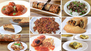 A grid of nine different dishes: meatballs in sauce, baked stuffed rolls being sliced, a rice dish with minced meat, slices of pie, a plate of chili, stuffed pastry, lasagna, stuffed peppers in tomato sauce, and a casserole with a side of cornbread.