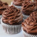 Close-up of several chocolate cupcakes with rich chocolate frosting swirled on top, placed in white paper liners. The cupcakes are arranged on a white plate, with a blurred background of a wooden surface.