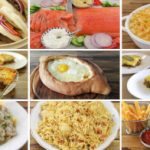 A collage of nine different meals, including tacos, a platter of fish with vegetables, baked macaroni and cheese, lasagna, a bread bowl with an egg, a casserole dish, pasta with a creamy sauce, rice with veggies, and fries with ketchup and mayonnaise.