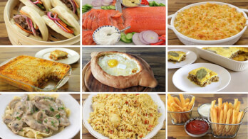 A collage of nine different meals, including tacos, a platter of fish with vegetables, baked macaroni and cheese, lasagna, a bread bowl with an egg, a casserole dish, pasta with a creamy sauce, rice with veggies, and fries with ketchup and mayonnaise.