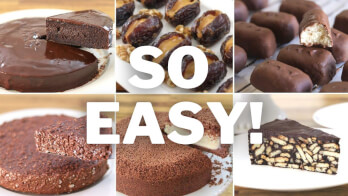 A collage of six chocolate desserts with the text "SO EASY!" in the center. The desserts include a chocolate cake, stuffed dates, chocolate-covered bars, a layered cake slice, a crumbly chocolate treat, and a layered chocolate biscuit slice.