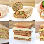 A collage of six sandwich and wrap options. The top row displays three wraps with various fillings including vegetables and meats. The bottom row shows three sandwiches, each with different fillings such as egg salad, tomato, and greens on whole grain bread.