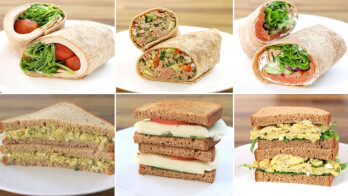 A collage of six sandwich and wrap options. The top row displays three wraps with various fillings including vegetables and meats. The bottom row shows three sandwiches, each with different fillings such as egg salad, tomato, and greens on whole grain bread.