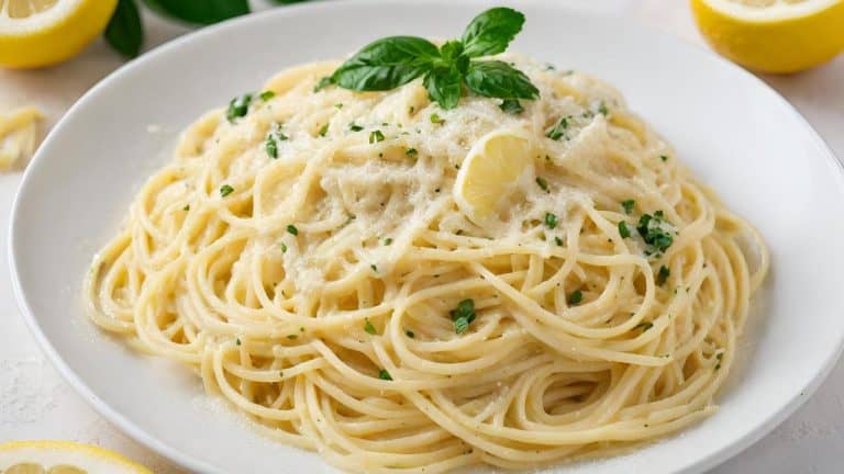 A plate of spaghetti with a creamy sauce, garnished with grated cheese, fresh parsley, and a lemon slice. A sprig of basil is placed on top for decoration. Sliced lemons and parsley leaves are visible in the background.