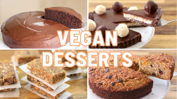 A collage of vegan desserts: a frosted chocolate cake, a slice of chocolate tart topped with white truffles, stacked granola bars on parchment paper, and two pieces of oat squares. The text "VEGAN DESSERTS" is written in orange and white in the center.