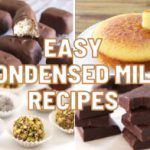 A collage showing four desserts: chocolate-covered treats, a slice of cake on a fork, truffles with various toppings, and stacked chocolate fudge. Text in the center reads "Easy Condensed Milk Recipes.