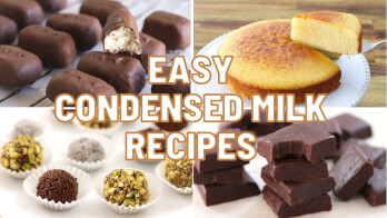 A collage showing four desserts: chocolate-covered treats, a slice of cake on a fork, truffles with various toppings, and stacked chocolate fudge. Text in the center reads "Easy Condensed Milk Recipes.