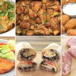 A collage of six food images: a plate of curry with rice, roasted chicken with vegetables, a bowl of croquettes with dipping sauces, breaded cutlets with salad, stuffed burritos, and raw chicken breasts on a cutting board.