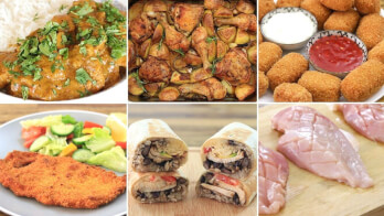 A collage of six food images: a plate of curry with rice, roasted chicken with vegetables, a bowl of croquettes with dipping sauces, breaded cutlets with salad, stuffed burritos, and raw chicken breasts on a cutting board.