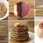 A collage of six images showcasing different foods: oatmeal with banana slices, a smoothie bowl topped with berries, a sliced sandwich with chickpea filling, a glass of milk with a straw, a stack of pancakes with syrup and bananas, and a vegetable wrap.