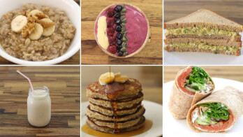 A collage of six images showcasing different foods: oatmeal with banana slices, a smoothie bowl topped with berries, a sliced sandwich with chickpea filling, a glass of milk with a straw, a stack of pancakes with syrup and bananas, and a vegetable wrap.