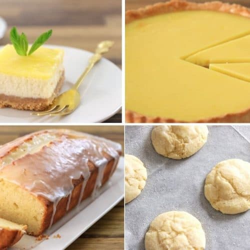 A collage of lemon-flavored desserts. Top left: Lemon cheesecake slice with a golden fork. Top right: Sliced lemon tart. Bottom left: Glazed lemon loaf cake with lemons. Bottom right: Lemon crinkle cookies on parchment paper.