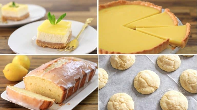 A collage of lemon-flavored desserts. Top left: Lemon cheesecake slice with a golden fork. Top right: Sliced lemon tart. Bottom left: Glazed lemon loaf cake with lemons. Bottom right: Lemon crinkle cookies on parchment paper.