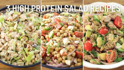 Image showing three high-protein salad recipes. The left salad has grilled chicken, lettuce, and cheese. The middle salad has chickpeas, tomatoes, onions, and feta cheese. The right salad has tuna, cherry tomatoes, cucumber, and avocado. Text: "3 High Protein Salad Recipes.