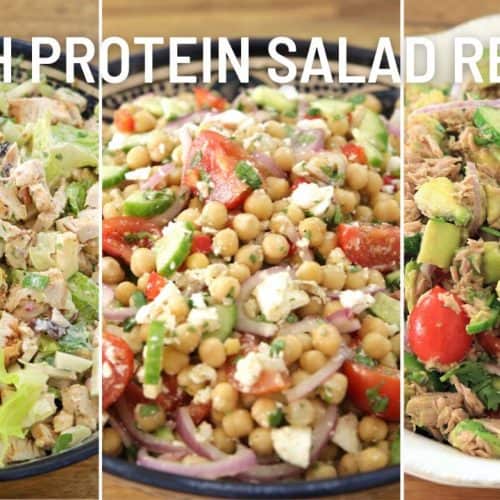 Image showing three high-protein salad recipes. The left salad has grilled chicken, lettuce, and cheese. The middle salad has chickpeas, tomatoes, onions, and feta cheese. The right salad has tuna, cherry tomatoes, cucumber, and avocado. Text: "3 High Protein Salad Recipes.