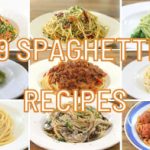 A grid of nine different spaghetti dishes, each on a white plate. The dishes vary in sauces and toppings, including marinara, pesto, and meatballs. The text "9 Spaghetti Recipes" is prominently displayed in the center over the images in bold orange letters.