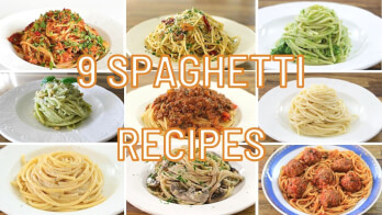 A grid of nine different spaghetti dishes, each on a white plate. The dishes vary in sauces and toppings, including marinara, pesto, and meatballs. The text "9 Spaghetti Recipes" is prominently displayed in the center over the images in bold orange letters.