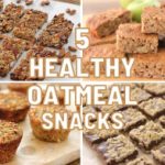 A collage of four different oatmeal snacks is shown with the text "5 Healthy Oatmeal Snacks" in the center. The images display oatmeal bars, squares, muffins, and chocolate-topped oatmeal treats.