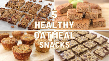 A collage of four different oatmeal snacks is shown with the text "5 Healthy Oatmeal Snacks" in the center. The images display oatmeal bars, squares, muffins, and chocolate-topped oatmeal treats.