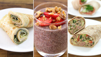 Three types of meals are displayed side by side. On the left, a plate with rolled wraps filled with spinach and cheese. In the center, a glass of chia seed pudding topped with sliced strawberries and nuts. On the right, two wraps filled with chopped vegetables and meat.