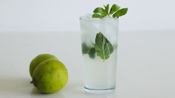 A tall glass filled with a clear drink, ice cubes, and garnished with mint leaves. Two whole limes are placed beside the glass on a white surface. The background is plain white.