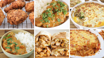 A collage of six food images featuring fried chicken, a dish with rice and sauce, baked pasta, another saucy rice dish, chicken wraps, and a cheesy pasta bake. The foods are garnished with herbs and appear savory and comforting.