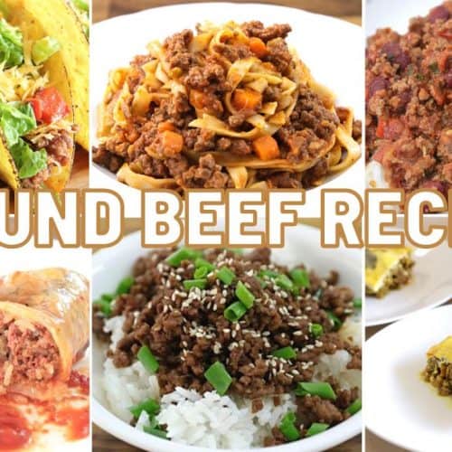 A collage of six ground beef recipes is shown. Top row from left to right: tacos, pasta with ground beef, and chili. Bottom row from left to right: stuffed cabbage rolls, ground beef with rice, and casserole. Text overlay in the center reads "GROUND BEEF RECIPES.