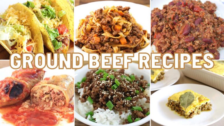 A collage of six ground beef recipes is shown. Top row from left to right: tacos, pasta with ground beef, and chili. Bottom row from left to right: stuffed cabbage rolls, ground beef with rice, and casserole. Text overlay in the center reads "GROUND BEEF RECIPES.