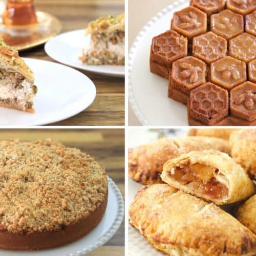 A collage of four dessert dishes. Top left: a slice of nut-filled pastry on a white plate. Top right: a hexagon-shaped dessert with a honeycomb design. Bottom left: a round crumb-topped cake. Bottom right: several baked apple turnovers on a white plate.