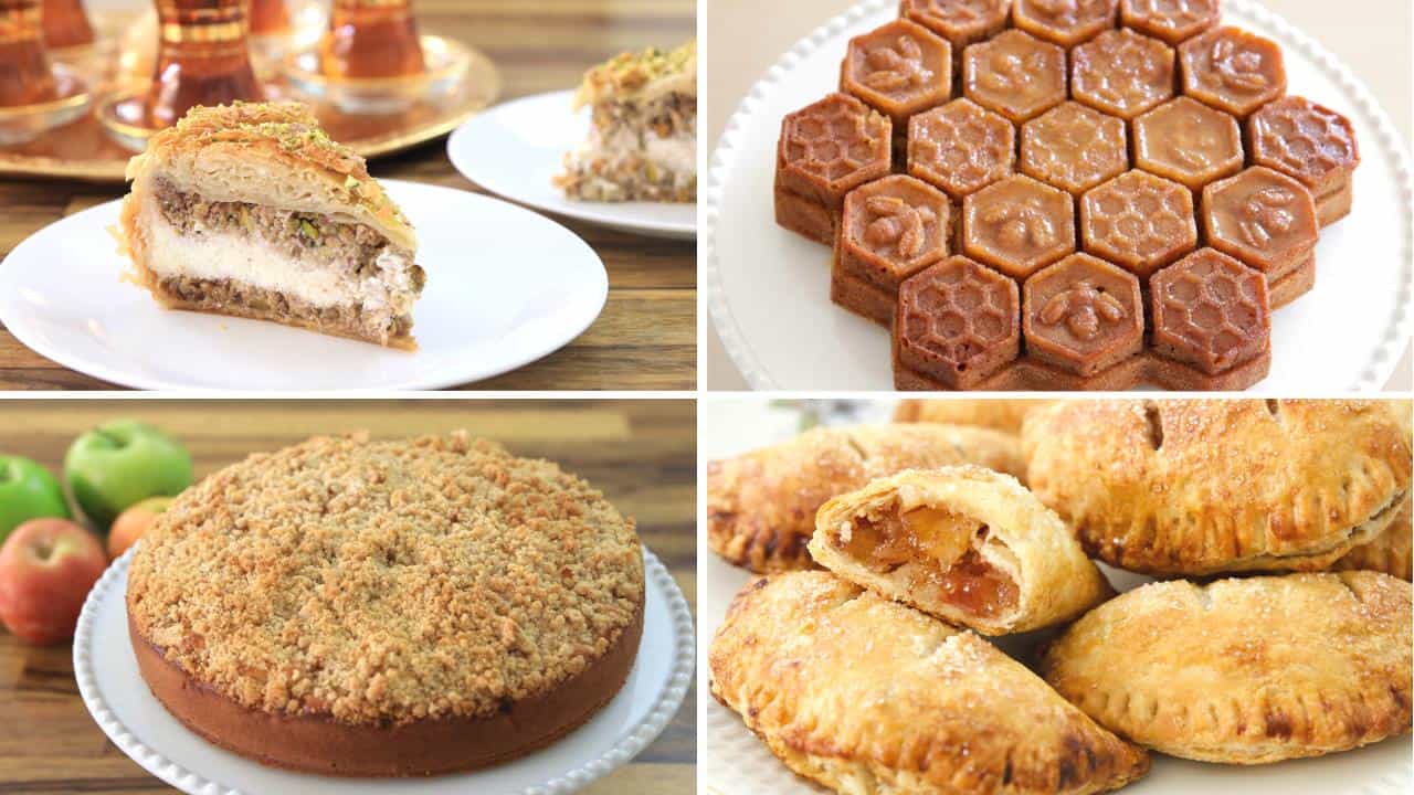 A collage of four dessert dishes. Top left: a slice of nut-filled pastry on a white plate. Top right: a hexagon-shaped dessert with a honeycomb design. Bottom left: a round crumb-topped cake. Bottom right: several baked apple turnovers on a white plate.