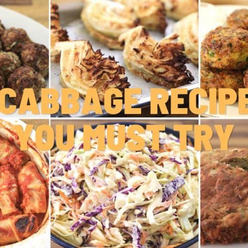 A collage of six dishes featuring cabbage, with the text "7 Cabbage Recipes You Must Try" overlayed in bold, yellow font. The dishes include meatballs, cabbage wedges, patties, stuffed cabbage rolls, coleslaw, and cabbage bread.