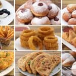 A collage of nine different fried food items: potato pancakes with sauce, jam-filled doughnuts, deep-fried cookies, French fries, onion rings, samosas, cheese sticks with dipping sauces, flatbreads with green garnish, and sugar-dusted pastry puffs.