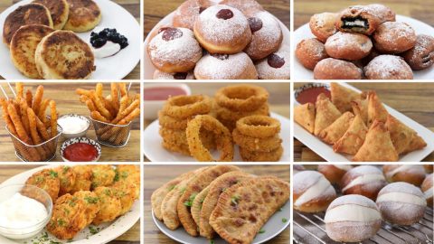 A collage of nine different fried food items: potato pancakes with sauce, jam-filled doughnuts, deep-fried cookies, French fries, onion rings, samosas, cheese sticks with dipping sauces, flatbreads with green garnish, and sugar-dusted pastry puffs.