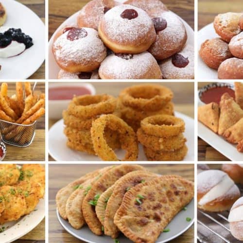 A collage of nine different fried food items: potato pancakes with sauce, jam-filled doughnuts, deep-fried cookies, French fries, onion rings, samosas, cheese sticks with dipping sauces, flatbreads with green garnish, and sugar-dusted pastry puffs.