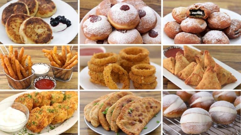 A collage of nine different fried food items: potato pancakes with sauce, jam-filled doughnuts, deep-fried cookies, French fries, onion rings, samosas, cheese sticks with dipping sauces, flatbreads with green garnish, and sugar-dusted pastry puffs.