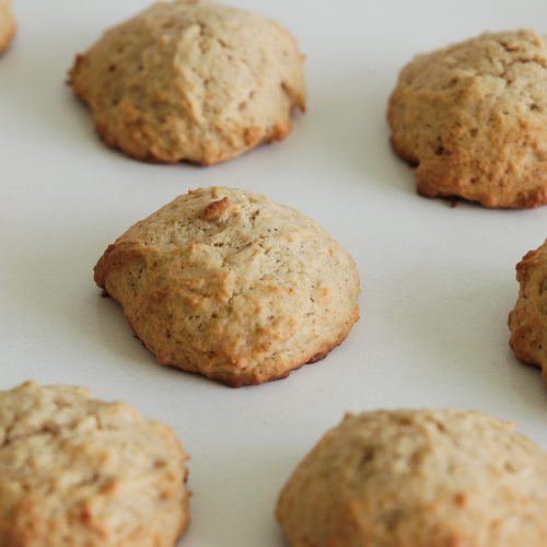 A close-up view of freshly baked cookies arranged in neat rows on parchment paper. The cookies are golden brown, slightly cracked on the top, and appear soft and fluffy.